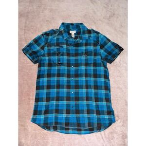 Diesel Mens Short Sleeve Blue Black Plaid‎ Snap Down designer shirt Size Large